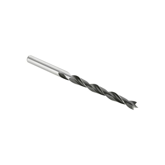Single DeWalt brad point drill bit with sharp tip and spiral flutes on a white background
