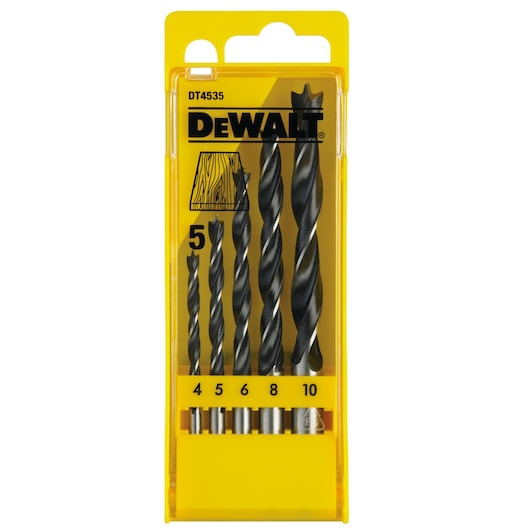 DeWalt 5-piece brad point drill bit set in yellow plastic case with sizes 4, 5, 6, 8, and 10 mm.