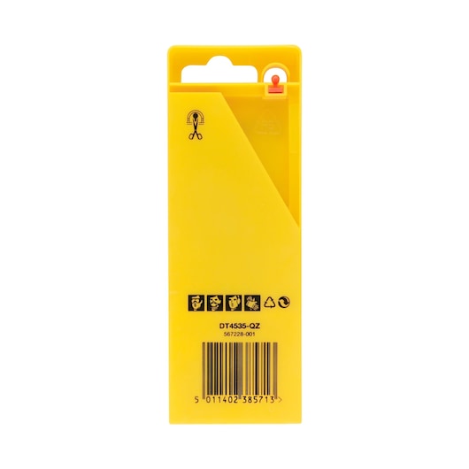 Yellow plastic case for DeWalt Brad Point Drill Bit Set, 5 Piece, showing back with barcode and safety icons.