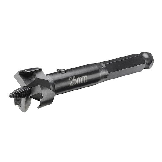 DeWalt 25mm self-feed drill bit with threaded tip and hex shank on white background
