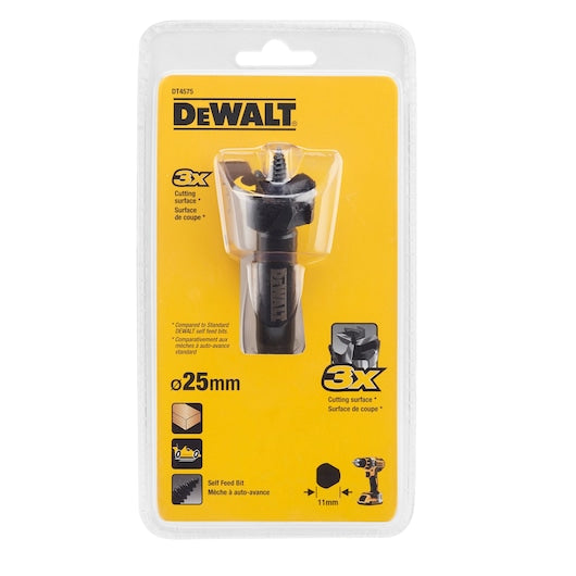 DeWalt 25mm self-feed drill bit in clear plastic packaging on yellow backing card with product details.
