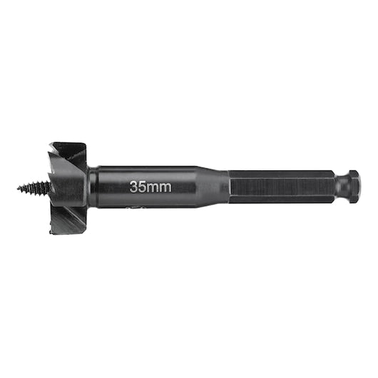 DeWalt 35mm self-feed Forstner drill bit with threaded tip and 3-flat anti-slip shank on white background.
