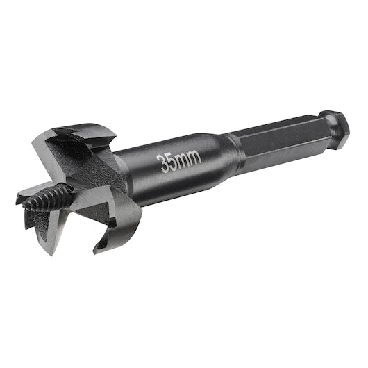 DeWalt 35mm self-feed drill bit with threaded tip and hex shank on white background