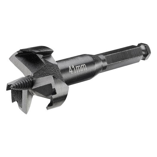 DeWalt 41mm self-feed drill bit with threaded tip and hex shank on white background
