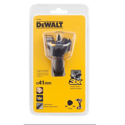 DeWalt 41mm self-feed drill bit in clear plastic packaging with yellow backing and product details.
