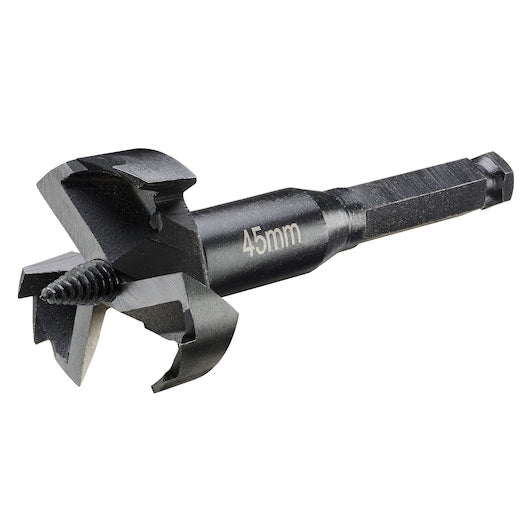 DeWalt 45mm self-feed drill bit with sharp cutting edges and threaded tip on hex shank