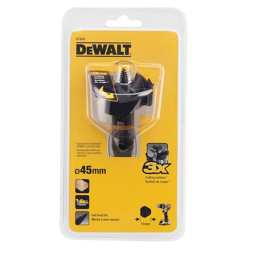 DeWalt 45mm self-feed drill bit in clear plastic packaging with yellow branded backing card.