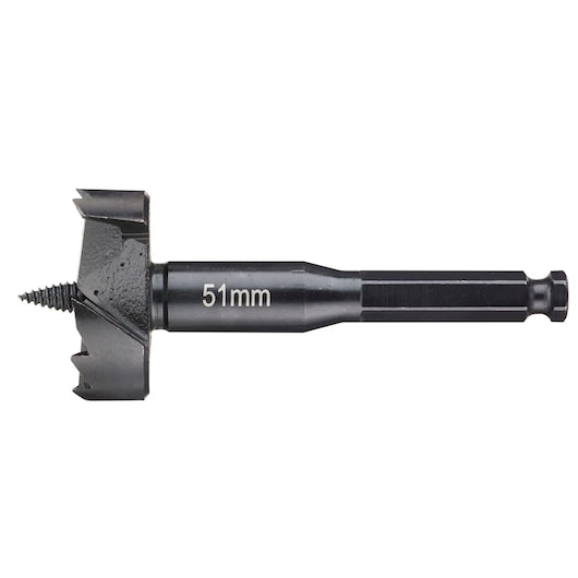 DeWalt 51mm self-feed Forstner drill bit with threaded center spur and anti-slip flat shank, side view.
