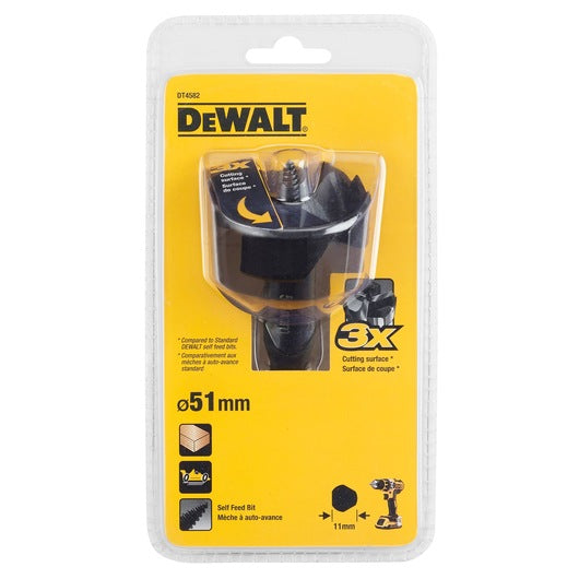 DeWalt 51mm self-feed drill bit in yellow blister packaging with product details and icons.