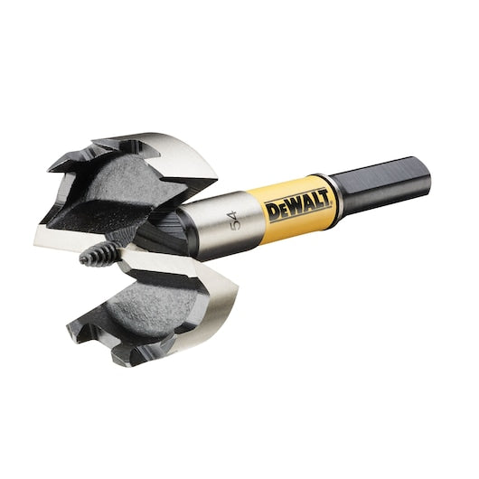 DeWalt 54mm self-feed drill bit with sharp cutting edges and hex shank on white background