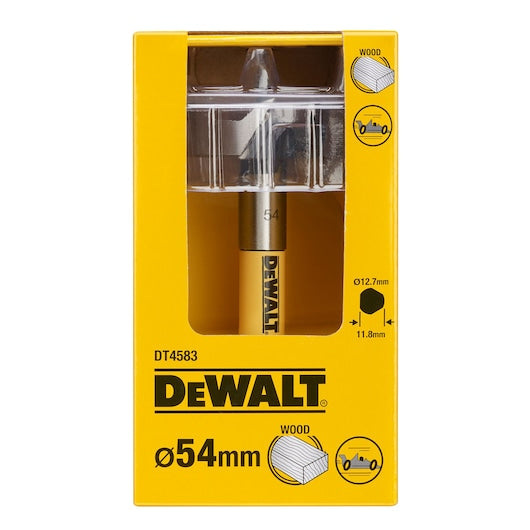 DeWalt 54mm self-feed drill bit in yellow packaging with clear plastic window showing the bit.