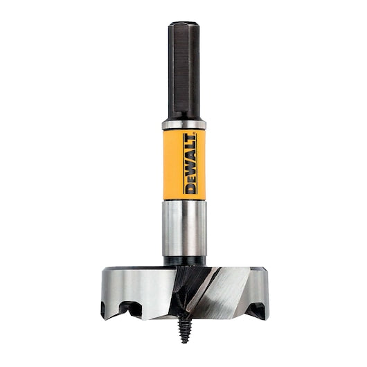 DeWalt 57mm self-feed Forstner drill bit with yellow label, threaded tip, and 3-flat shank on white background