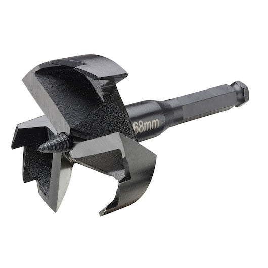 DeWalt 68mm self-feed drill bit with screw tip and hex shank on white background