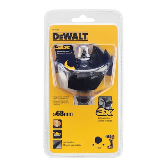 DeWalt 68mm self-feed drill bit in clear plastic packaging with yellow backing card.