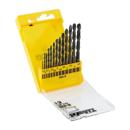 DeWalt DT5912 HSS-R 13-piece metal drill bit set in yellow plastic case with clear lid, bits arranged by size.