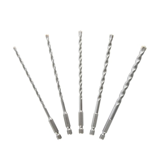 Five DeWalt DT60099 masonry drill bits with ¼" hex shanks and carbide tips, arranged fan-like on white background.