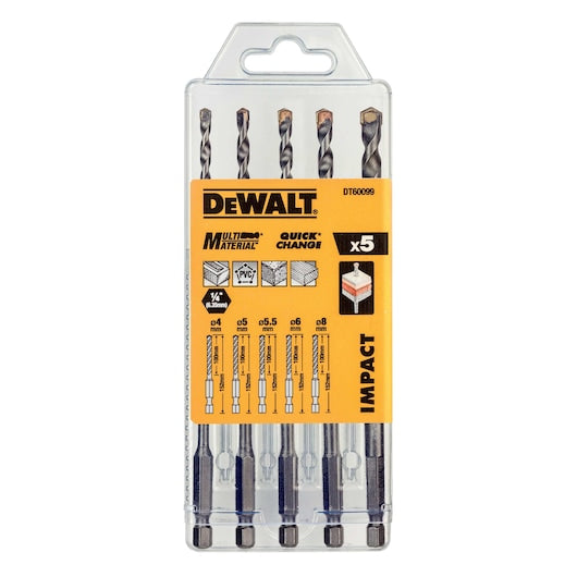 DeWalt DT60099 5-piece masonry drill bit set in clear plastic case with yellow label showing sizes and features.