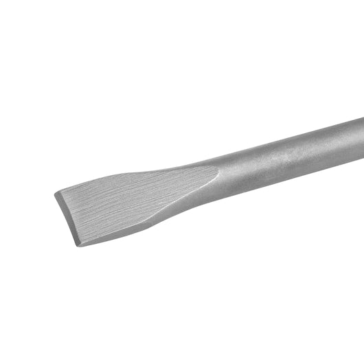 Close-up of the flat chisel tip on a DeWalt SDS Plus Steel Flat 250mm x 20mm tool.