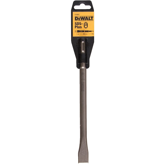 DeWalt SDS Plus steel flat chisel 250mm with yellow and black branded packaging tag.