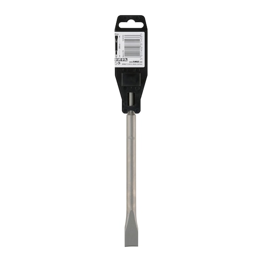 DeWalt SDS Plus steel flat chisel 250mm with black plastic hanging tag and barcode label.