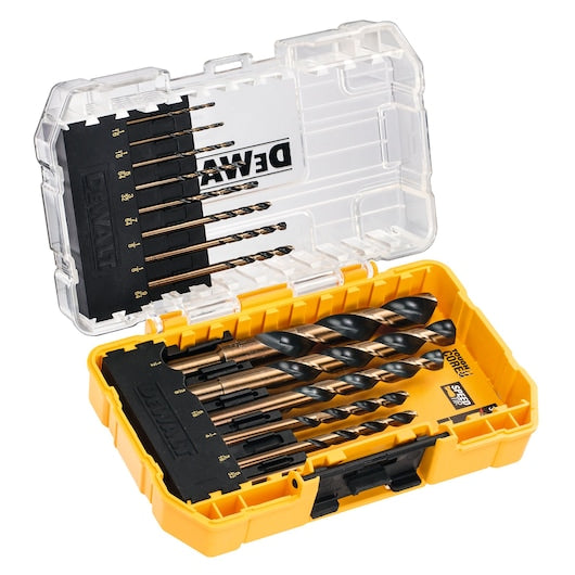 DeWalt 14-piece black and gold metal drill bit set in yellow ToughCase+ with clear lid, bits arranged by size.