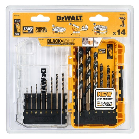 DeWalt 14-piece black and gold metal drill bit set in a clear and yellow plastic case with size markings.