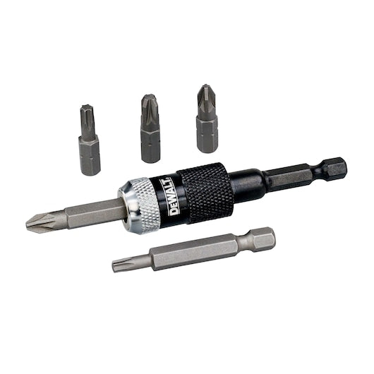 DeWalt DT71514-QZ 6-piece rapid load screwdriving set with magnetic bit holder and five impact-rated bits.