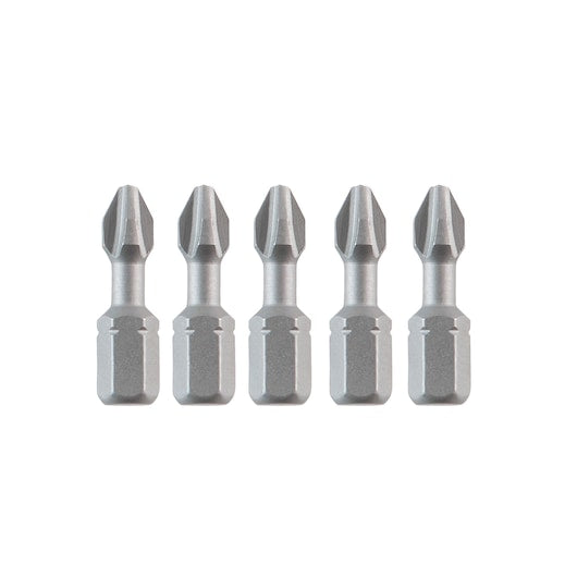 Five DeWalt DT7232 PH2 25mm torsion impact screwdriver bits arranged side by side on white background.