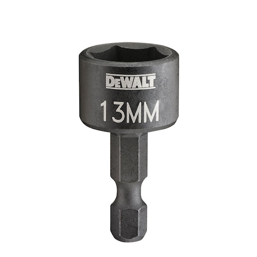 DeWALT 13mm compact nut driver with magnetic tip and 1/4" hex shank, shown upright on white background.
