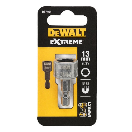 DeWalt 13mm compact nut driver bit in black and yellow packaging with impact driver icon