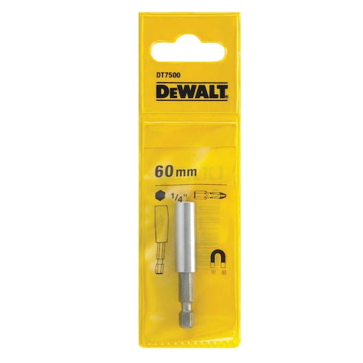 DeWalt DT7500 magnetic bit holder in yellow packaging, 60mm length, 1/4 inch hex shank visible.