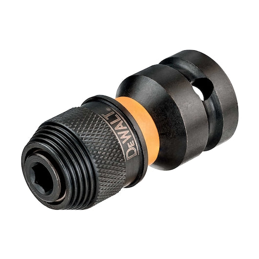 DeWalt 1/4" hex to 1/2" square impact wrench adapter with knurled grip and black alloy steel body.