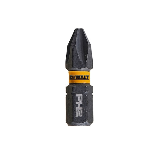 DeWalt PH2 25mm Impact Torsion Bit with yellow FlexTORQ band and hex shank, isolated on white background.