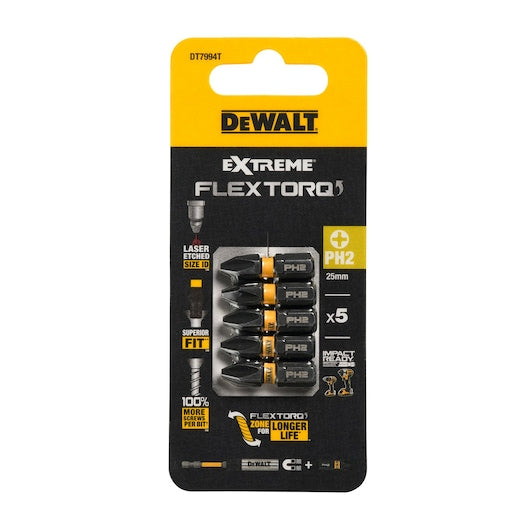 DeWalt Extreme FlexTorq PH2 x 25mm impact torsion bits pack of 5 in black and yellow packaging.