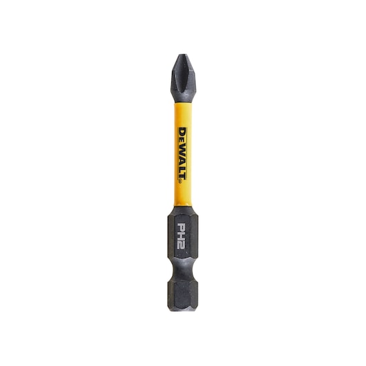 Single DeWalt PH2 57mm impact torsion bit with yellow FlexTORQ zone and black hex shank and tip.