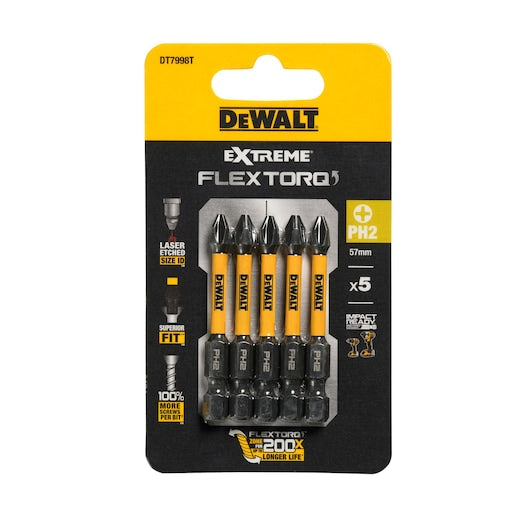 Pack of five DeWalt PH2 x 57mm Extreme FlexTorq impact torsion bits in branded black and yellow packaging.