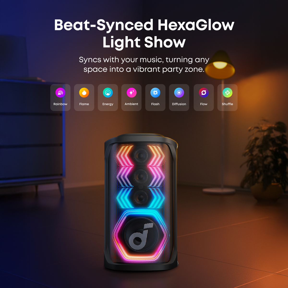 Soundcore Rave 3s Black speaker with vibrant, beat-synced HexaGlow light patterns in a dim room.