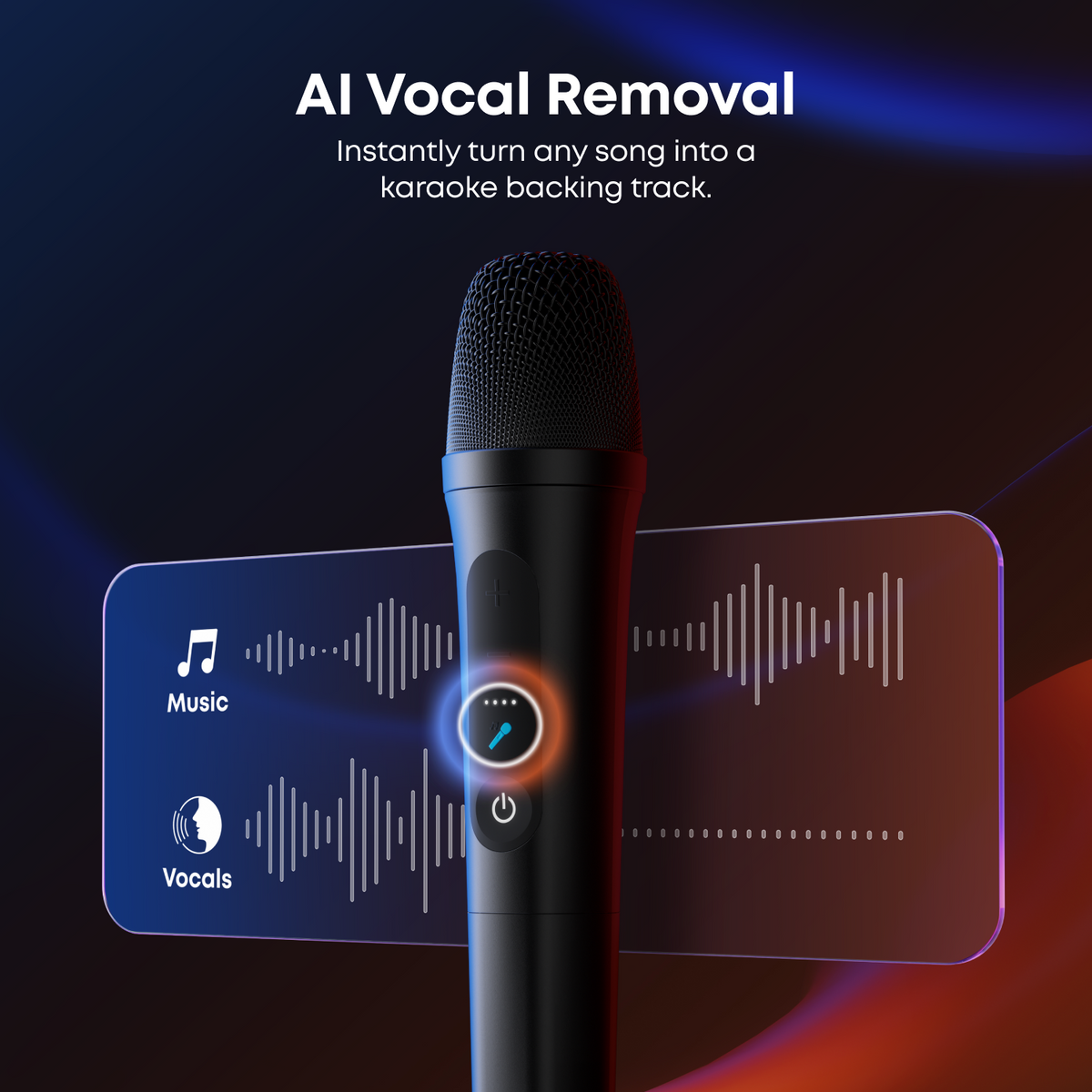 Soundcore Rave 3s Black microphone with AI vocal removal feature and music/vocals waveform display.