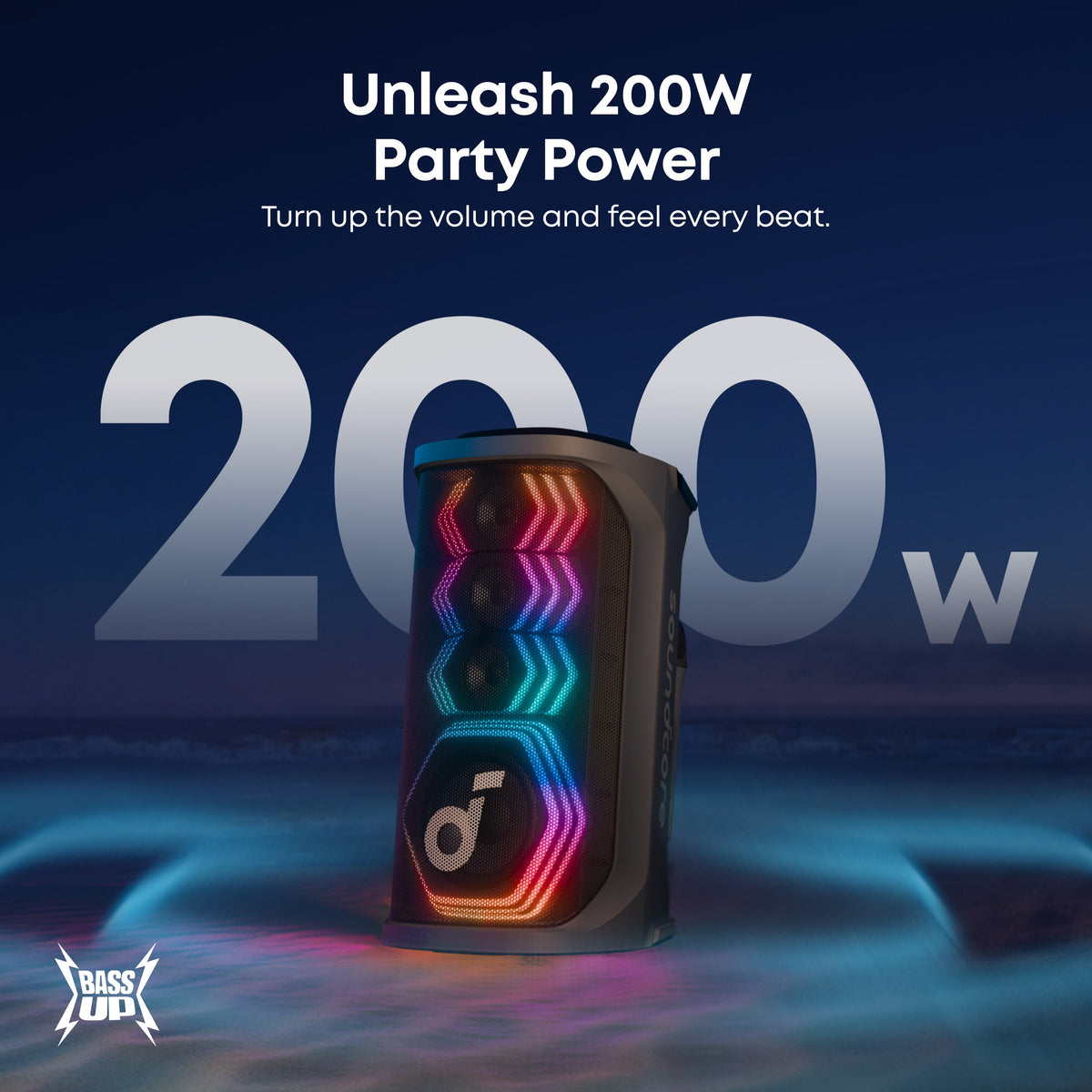 Soundcore Rave 3s Black speaker with colorful LED lights on a dark beach background at night.