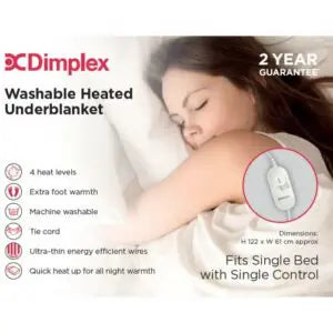 Dimplex Single Washable Heated Underblanket DUB1001 with 4 heat settings, extra foot warmth, machine washable – Keans