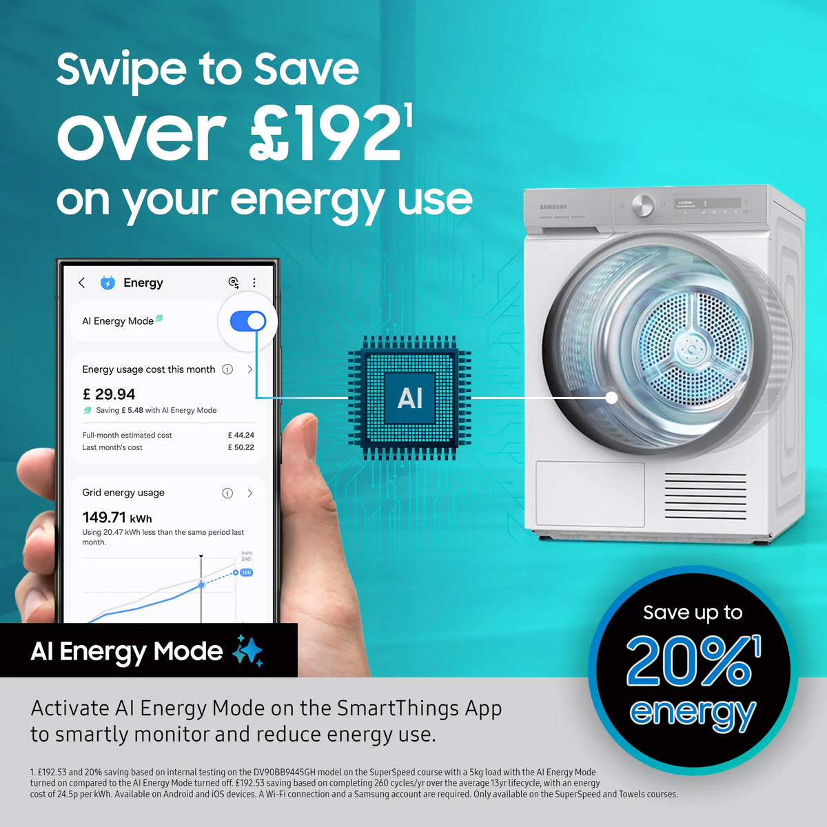 Samsung Series 6 OptimalDry WiFi 9 kg heat pump tumble dryer with app showing AI Energy Mode savings.