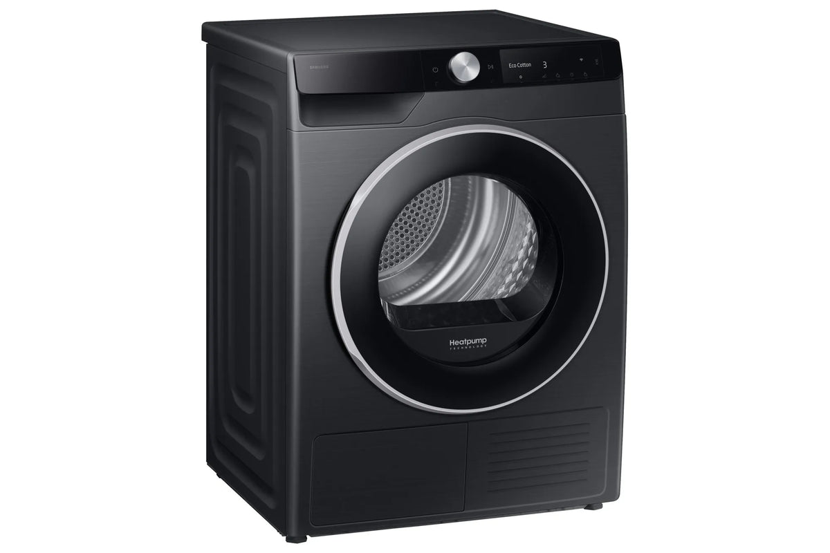 Samsung Series 6 OptimalDry black heat pump tumble dryer with digital display and front-loading door open