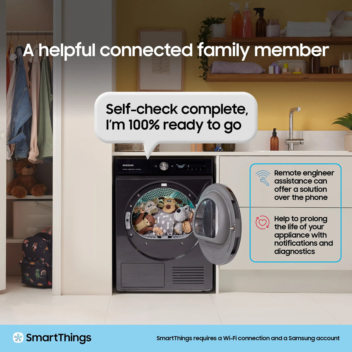 Samsung Series 6 black tumble dryer with open door showing stuffed toys inside, in a laundry room setting.