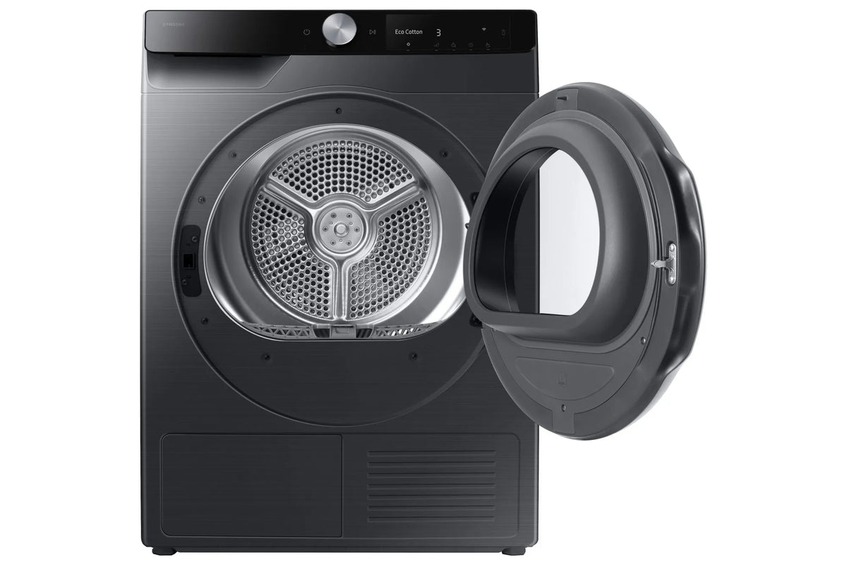 Samsung Series 6 OptimalDry WiFi tumble dryer in black with open door showing drum and control panel on top