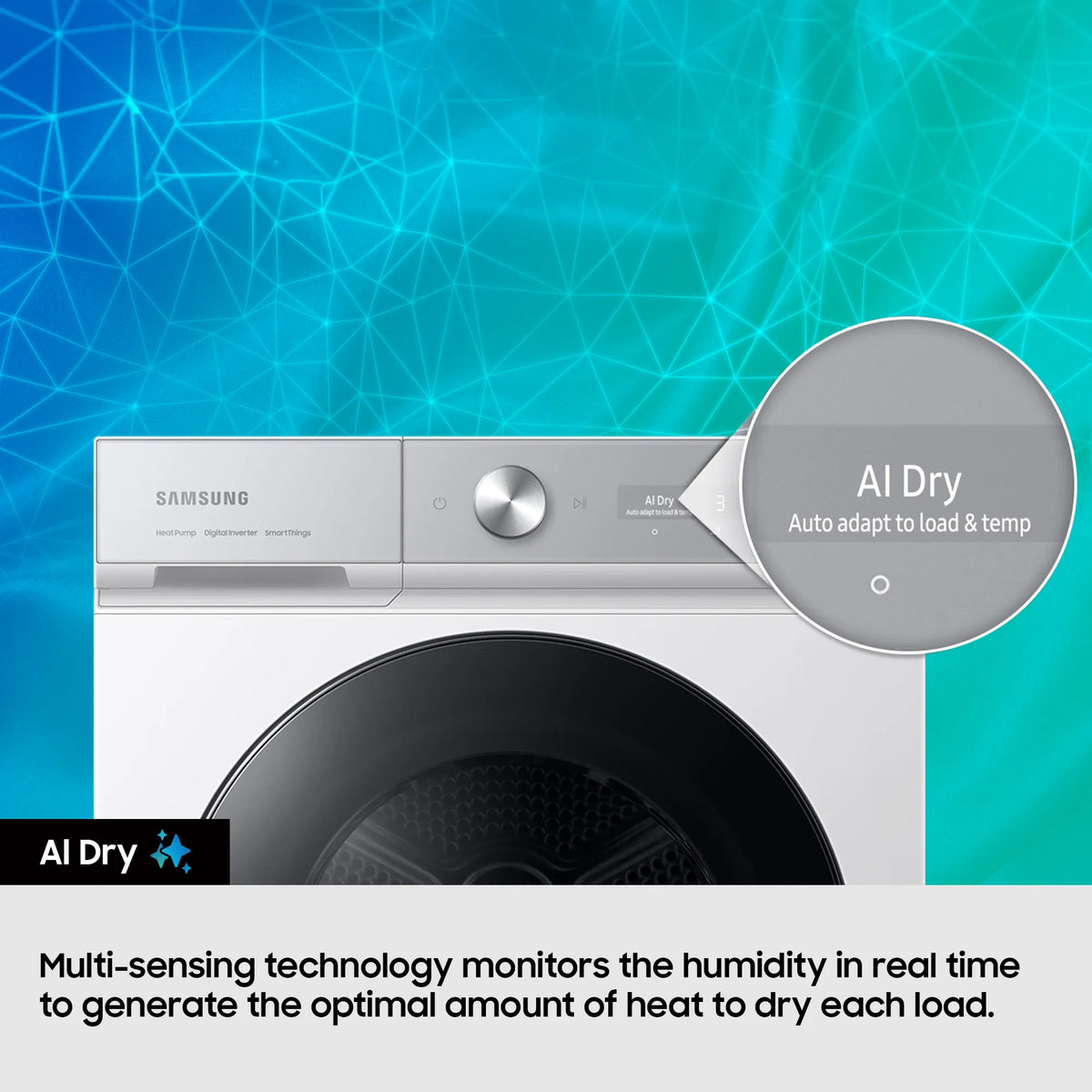 Samsung Series 6 OptimalDry WiFi 9 kg heat pump tumble dryer control panel with AI Dry feature highlighted