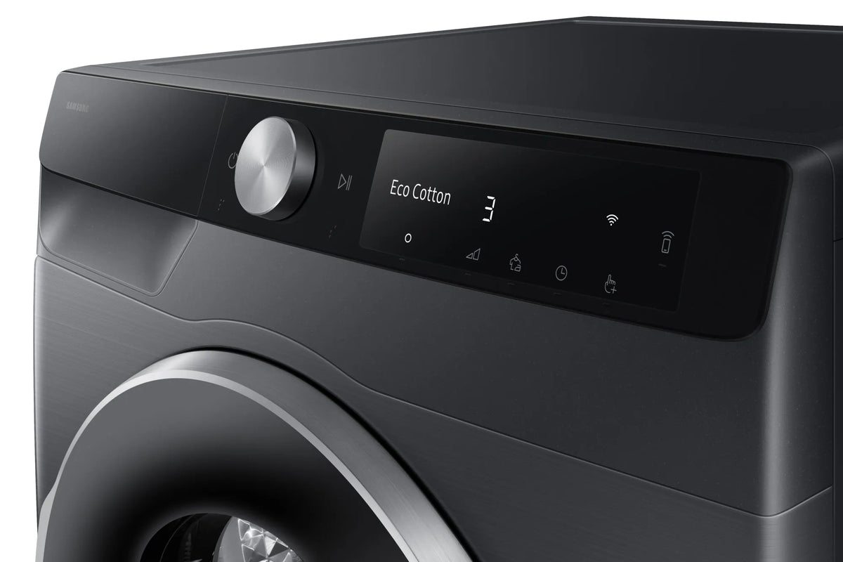 Close-up of Samsung Series 6 OptimalDry WiFi tumble dryer control panel showing Eco Cotton cycle selected.