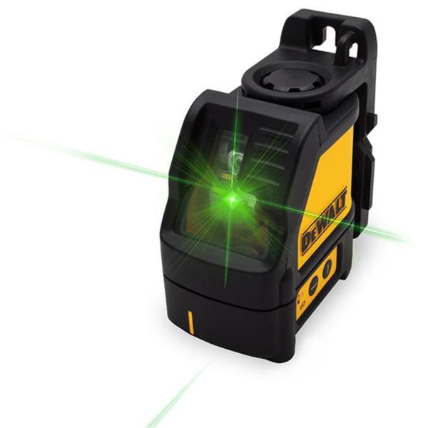 DeWalt Cross Line Green Laser DEW088CG emitting green laser lines from a compact black and yellow unit.