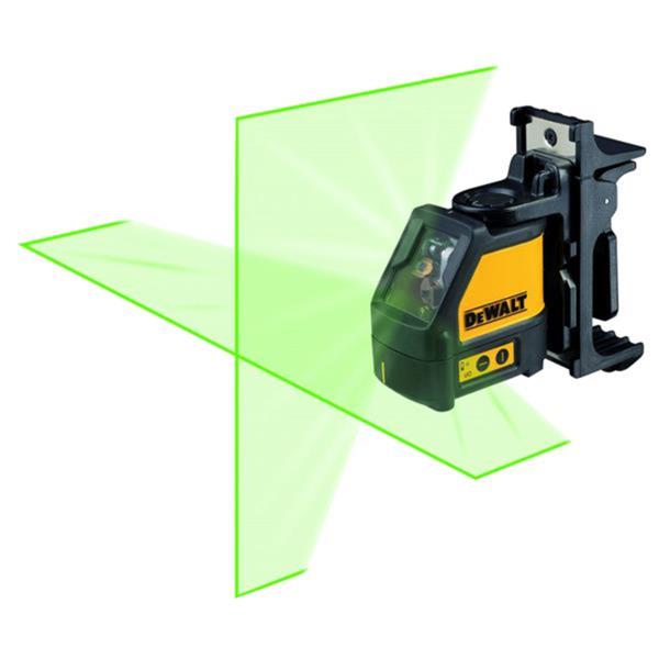 DeWalt Cross Line Green Laser DEW088CG projecting bright green horizontal and vertical laser lines with mounting bracket.