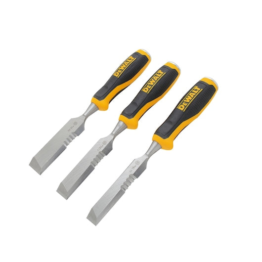 Three DeWalt side strike wood chisels with yellow and black handles, arranged side by side on white background.