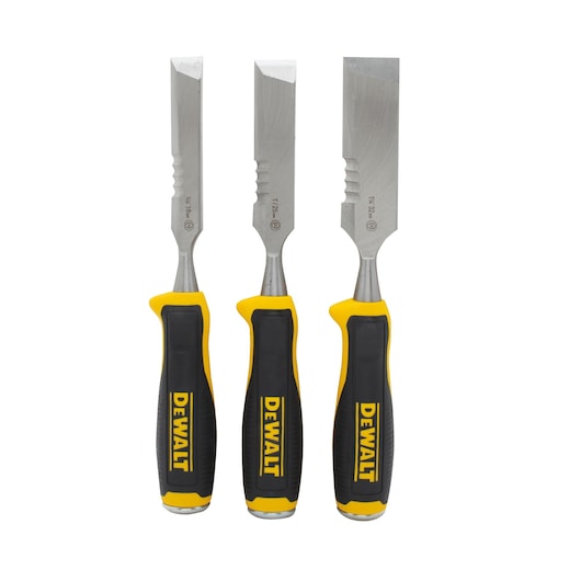Three DeWalt side strike wood chisels with black and yellow handles, blades facing up.